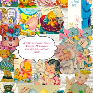 Op de afbeelding: Een collage van vintage paaskaarten met konijntjes, kuikens en lammetjes. De kaarten hebben pastelkleuren en bevatten teksten als "Vrolijk Pasen" en "Paasgroeten". De afbeelding bevat ook de tekst "65 Retro Paaskaarten Digitale Download PDF en JPEG Collage Sheets".