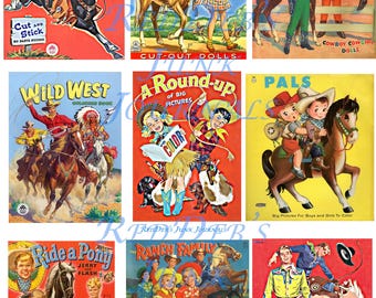 May include: A selection of vintage cowboy-themed paper items, such as sticker pictures, cut-out dolls, colouring books, and illustrations. The images depict cowboys, cowgirls, horses, and western scenes in bright colours. Titles include "Make Cowboy Sticker Pictures" and "Ride a Pony".