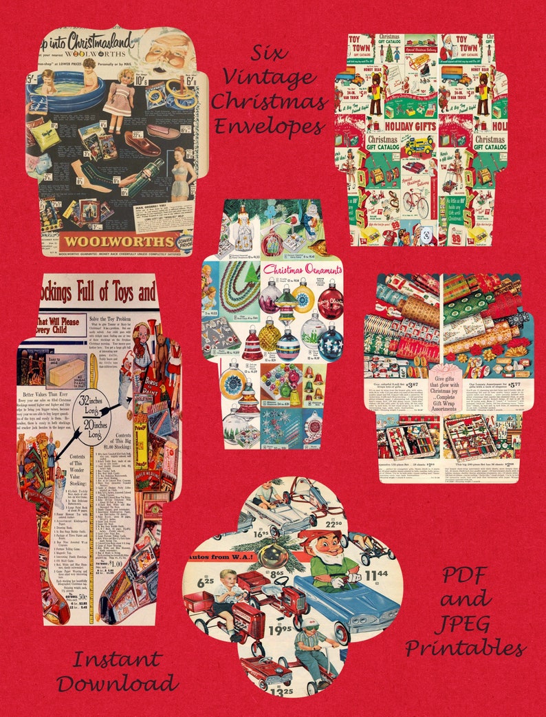 May include: Six vintage Christmas envelope designs featuring images from old Christmas catalogues. The envelopes are in the shape of a stocking, a Christmas bauble, a gift box, and a toy car. The designs include images of toys, ornaments, and festive decorations. The text on the envelopes includes the words "Christmasland", "Woolworths", "Christmas Ornaments", "Holiday Gifts", and "Toy Town".
