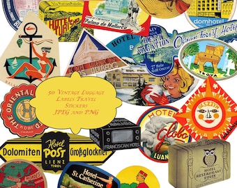 50 Vintage Hotel Luggage Labels: Travel Scrapbook Ephemera (Digital Download)