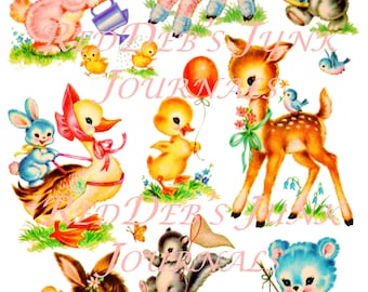 Vintage Baby Animals Nursery Decor: Retro Stickers, Waterslide Transfers (PNG, JPEG Digital Download)