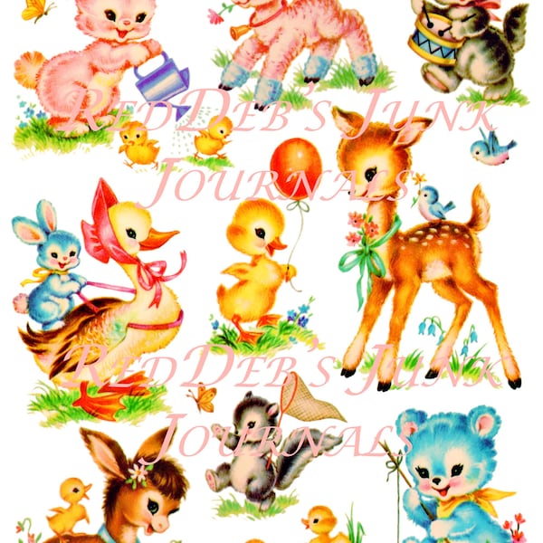 Vintage Baby Animals Nursery Decor: Retro Stickers, Waterslide Transfers (PNG, JPEG Digital Download)