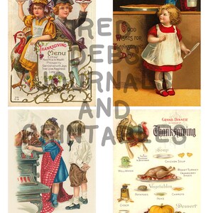 May include: Four vintage Thanksgiving postcards featuring children and turkeys. The first card shows two children holding plates of food. The second card shows a girl holding a feather. The third card shows two children cooking a turkey. The fourth card shows a turkey and a table setting with food.