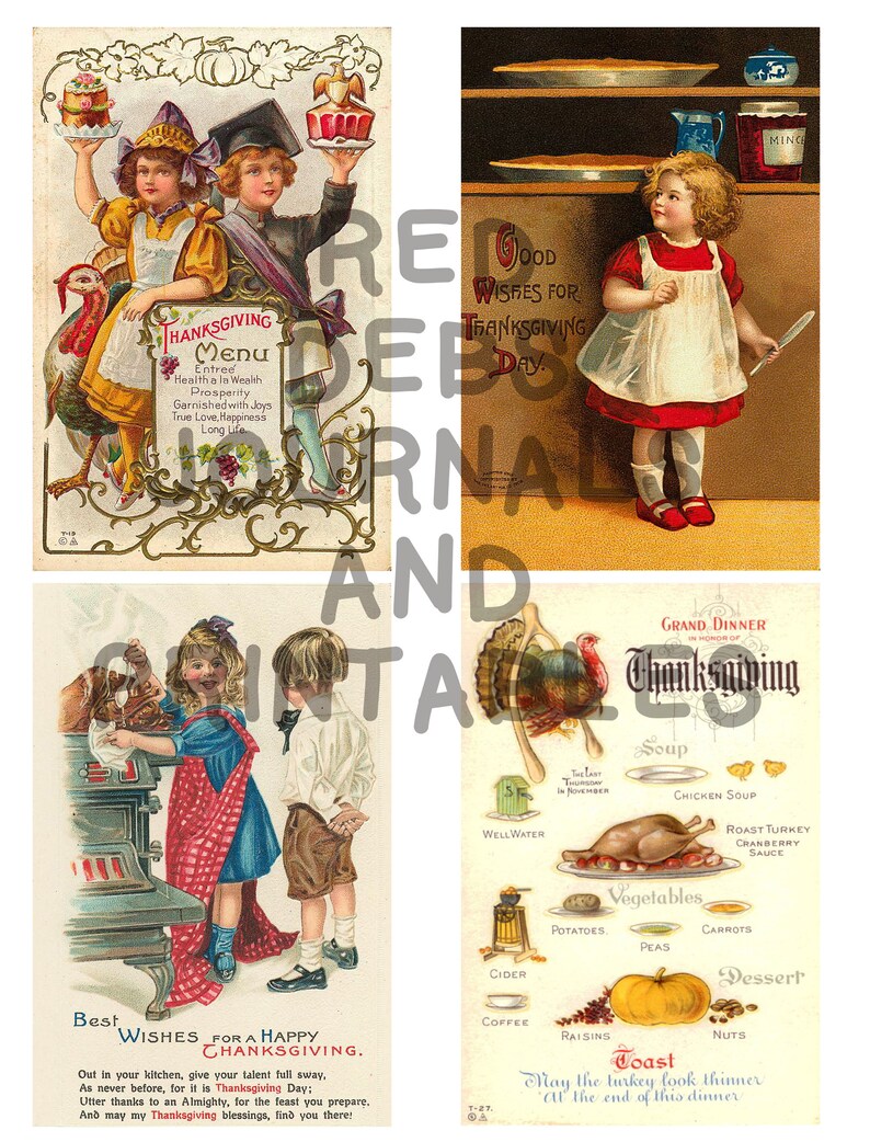 May include: Four vintage Thanksgiving postcards featuring children and turkeys. The first card shows two children holding plates of food. The second card shows a girl holding a feather. The third card shows two children cooking a turkey. The fourth card shows a turkey and a table setting with food.