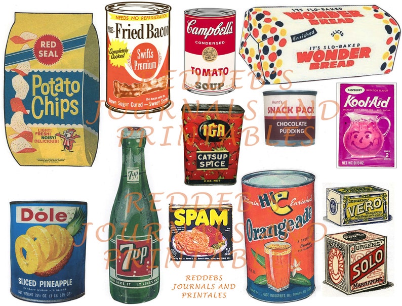 May include: A collection of vintage food and beverage labels, including potato chips, fried bacon, tomato soup, catsup spice, sliced pineapple, 7-Up, Spam, orangeade, Kool-Aid, Wonder Bread, and Solo margarine.