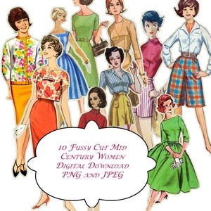 10 donne moderne di metà secolo con taglio fussy, download digitale JPEG e PNG, album di ritagli, diari spazzatura, bambole di carta, creazione di biglietti, retrò, anni '60, clip art