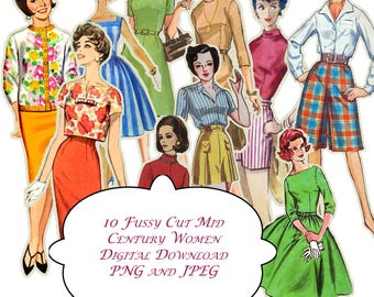 Mid Century Modern Women Clip Art: 1960s Retro Paper Dolls (Digital Download)