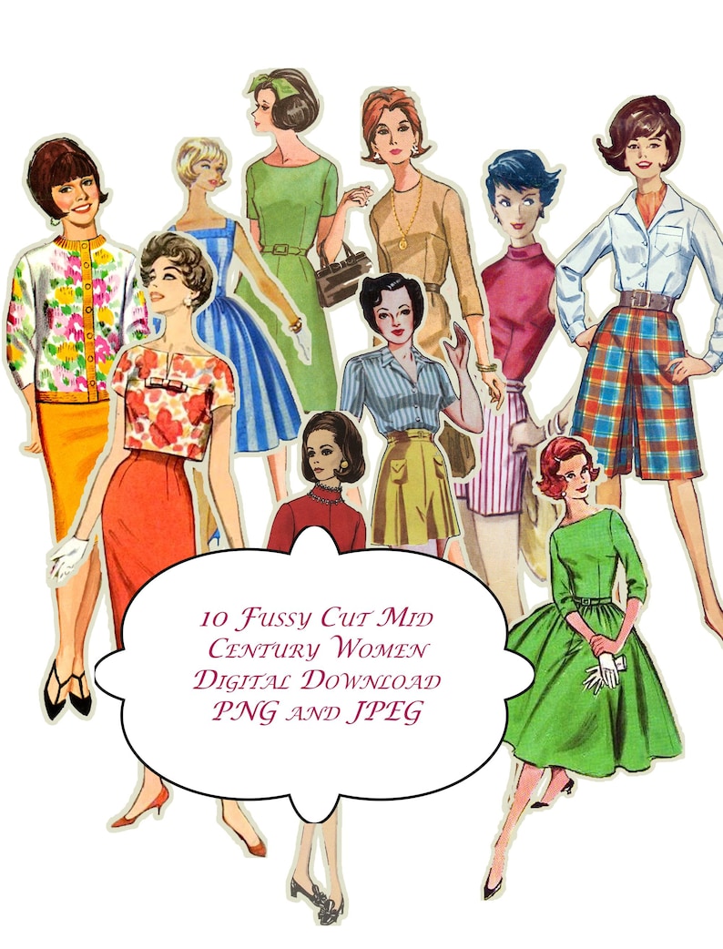 May include: A digital download of 10 mid-century women illustrations. The women are wearing various styles of dresses, skirts, and pants. The illustrations are in a vintage style and are perfect for scrapbooking, card making, or other creative projects. 10 Fussy Cut Mid Century Women Digital Download PNG and JPEG