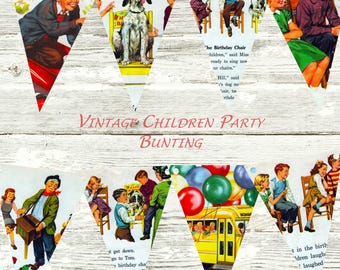 Vintage Children Bunting Banner Pennant Birthday Party Decoration Digital Download PDF Printable