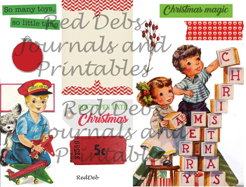 Puede incluir: Una imagen navide&ntilde;a vintage con un adorno rojo, un ni&ntilde;o jugando con un avi&oacute;n de juguete, una ni&ntilde;a construyendo una torre de bloques y un boleto que dice "No abrir hasta Navidad".