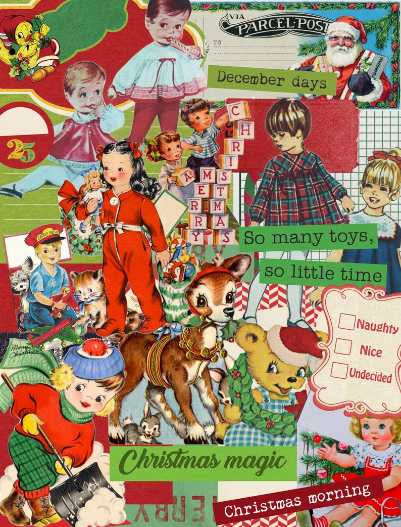 Puede incluir: Un collage navide&ntilde;o vintage con ni&ntilde;os, juguetes y decoraciones festivas. La imagen incluye un reno, un oso de peluche, un &aacute;rbol de Navidad y un ni&ntilde;o que sostiene un juguete. El texto "December days", "So many toys, so little time", "Christmas magic" y "Christmas morning" tambi&eacute;n est&aacute; incluido.