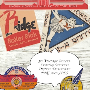Puede incluir: Una colección de pegatinas de patinaje sobre ruedas vintage. Las pegatinas presentan varios diseños, incluyendo un letrero de pista de patinaje, una ilustración de patinador y logotipos de clubes y arenas de patinaje. El texto incluye "Playland" y "Roller Rink".