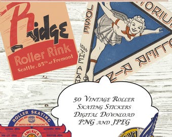 Vintage Roller Skating Stickers: Mid-Century Ephemera (Digital Download, JPEG & PNG Files)
