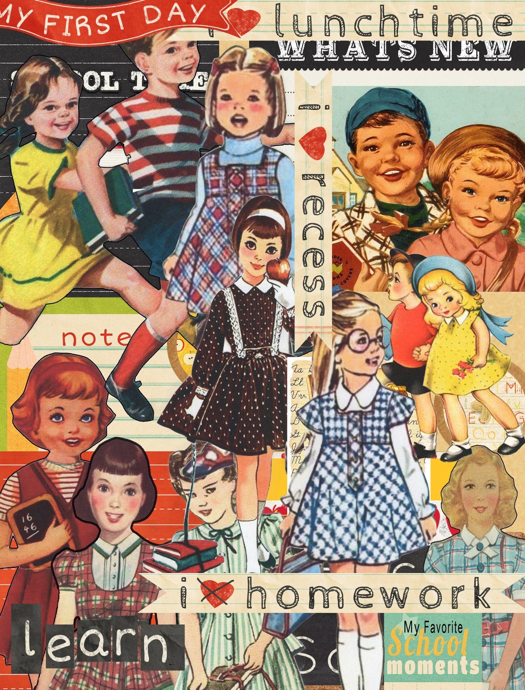 Retro Back to School Scrapbook Clip Art Kit, Junk Journal Kit, Digital