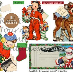 Puede incluir: Una colecci&oacute;n de im&aacute;genes de clip art de Navidad vintage. Las im&aacute;genes incluyen una media roja, una ni&ntilde;a con un vestido rojo, un reno, un ni&ntilde;o que pala la nieve, un Pap&aacute; Noel y una etiqueta de env&iacute;o de paquetes.