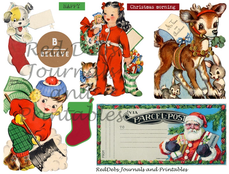 Puede incluir: Una colecci&oacute;n de im&aacute;genes de clip art de Navidad vintage. Las im&aacute;genes incluyen una media roja, una ni&ntilde;a con un vestido rojo, un reno, un ni&ntilde;o que pala la nieve, un Pap&aacute; Noel y una etiqueta de env&iacute;o de paquetes.