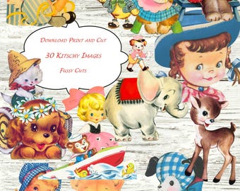 30 Kitschy Clip Art Images Set #3 PDF and JPEG Collage Sheets Retro Scrapbooking