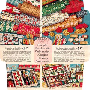 May include: A vintage advertisement for Christmas gift wrap featuring a variety of colourful wrapping paper rolls, ribbons, bows, and gift tags. The ad includes three different gift wrap sets: a 9-roll set, a 135-piece set, and a 200-piece set. The ad also includes the text "Give gifts that glow with Christmas joy."