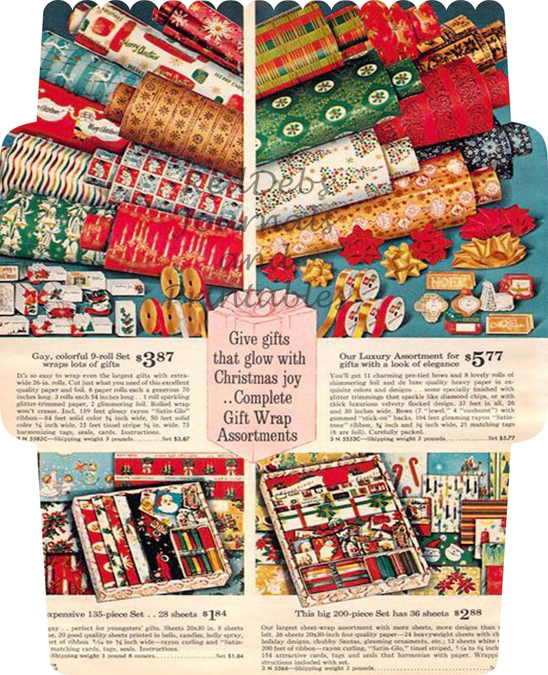 May include: A vintage advertisement for Christmas gift wrap featuring a variety of colourful wrapping paper rolls, ribbons, bows, and gift tags. The ad includes three different gift wrap sets: a 9-roll set, a 135-piece set, and a 200-piece set. The ad also includes the text "Give gifts that glow with Christmas joy."