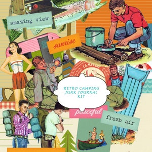 Imagens de clipe de arte retrô para acampamento, kit de diário lixo, download instantâneo, impressão digital, álbum de recortes vintage, artesanato, cartão, folhas de colagem