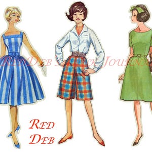 May include: Three vintage illustrations of women wearing different dresses. The woman on the left is wearing a blue and white striped dress. The woman in the center is wearing a plaid skirt and a white button-down shirt. The woman on the right is wearing a green dress with a brown purse.