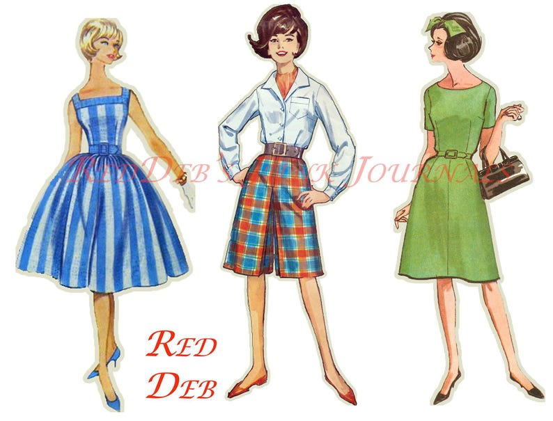 May include: Three vintage illustrations of women wearing different dresses. The woman on the left is wearing a blue and white striped dress. The woman in the center is wearing a plaid skirt and a white button-down shirt. The woman on the right is wearing a green dress with a brown purse.