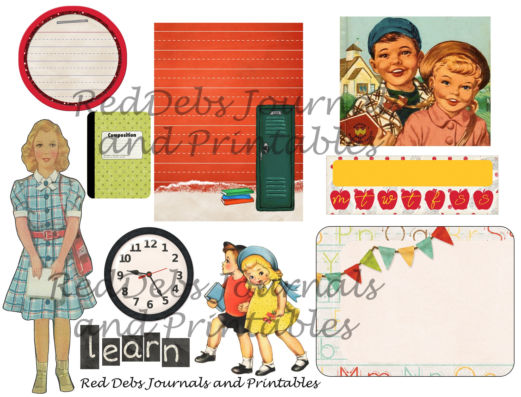 Retro Back to School Scrapbook Clip Art Kit, Junk Journal Kit, Digital