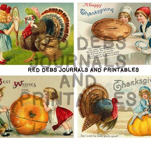 May include: Four vintage Thanksgiving greeting cards featuring illustrations of turkeys, children, and pies. The cards have text that says "Thanksgiving Greetings", "A Happy Thanksgiving", "Best Wishes For", and "Thanksgiving".