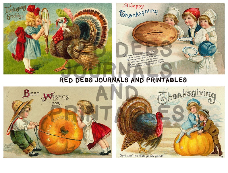 May include: Four vintage Thanksgiving greeting cards featuring illustrations of turkeys, children, and pies. The cards have text that says "Thanksgiving Greetings", "A Happy Thanksgiving", "Best Wishes For", and "Thanksgiving".