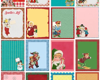Puede incluir: Un conjunto de 12 tarjetas imprimibles de temática navideña vintage con imágenes de niños, renos, muñecos de nieve y otras imágenes navideñas. Cada tarjeta tiene un espacio en blanco para escribir un mensaje.