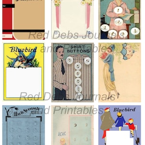 May include: A collage of vintage button packaging featuring images of women, children, and birds. The packaging includes the text "Buttons", "Dress Fasteners", "Lady Washington Buttons", "Peter Pan Pearls", "Smocks and Aprons", "Bluebird", "Shirt Buttons", "Haute Nouveaut&eacute; Paris", and "Bluebird".