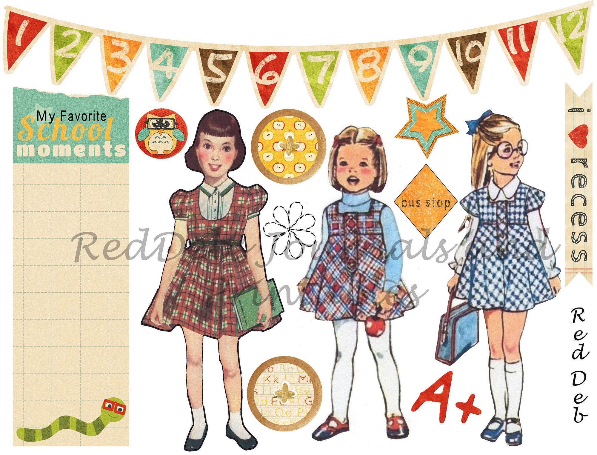 Retro Back to School Scrapbook Clip Art Kit, Junk Journal Kit, Digital