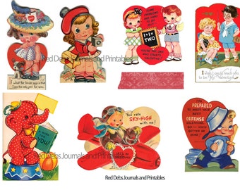 May include: A set of vintage Valentine's Day cards featuring various illustrations, including a girl with a dog, a girl with a camera, a boy and girl with a chalkboard, a girl with a book, a boy with a plane, an elephant with a book, and a boy with a bucket and brush. The cards are printed on thick paper with bright colors and are perfect for adding a touch of nostalgia to your Valentine's Day celebrations.