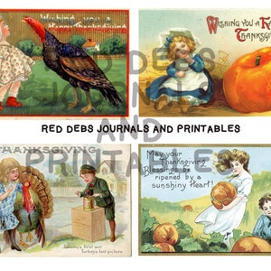 May include: Four vintage Thanksgiving postcards featuring children and traditional Thanksgiving imagery. The top left postcard shows a girl in a white bonnet and a turkey. The top right postcard shows a girl in a blue dress with a large orange pumpkin. The bottom left postcard shows a girl and boy with a turkey. The bottom right postcard shows a girl in a white dress with a pumpkin and a boy in a blue shirt.