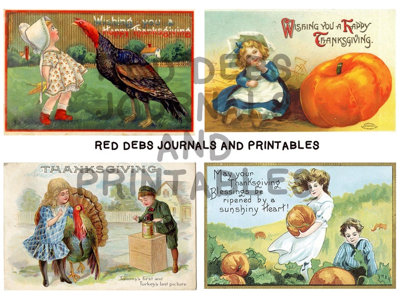 May include: Four vintage Thanksgiving postcards featuring children and traditional Thanksgiving imagery. The top left postcard shows a girl in a white bonnet and a turkey. The top right postcard shows a girl in a blue dress with a large orange pumpkin. The bottom left postcard shows a girl and boy with a turkey. The bottom right postcard shows a girl in a white dress with a pumpkin and a boy in a blue shirt.