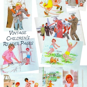 Puede incluir: Un collage de páginas de lectura para niños vintage. Las ilustraciones representan a niños jugando, interactuando con adultos y participando en diversas actividades. Las imágenes presentan una estética retro con colores brillantes y líneas simples, evocando nostalgia.