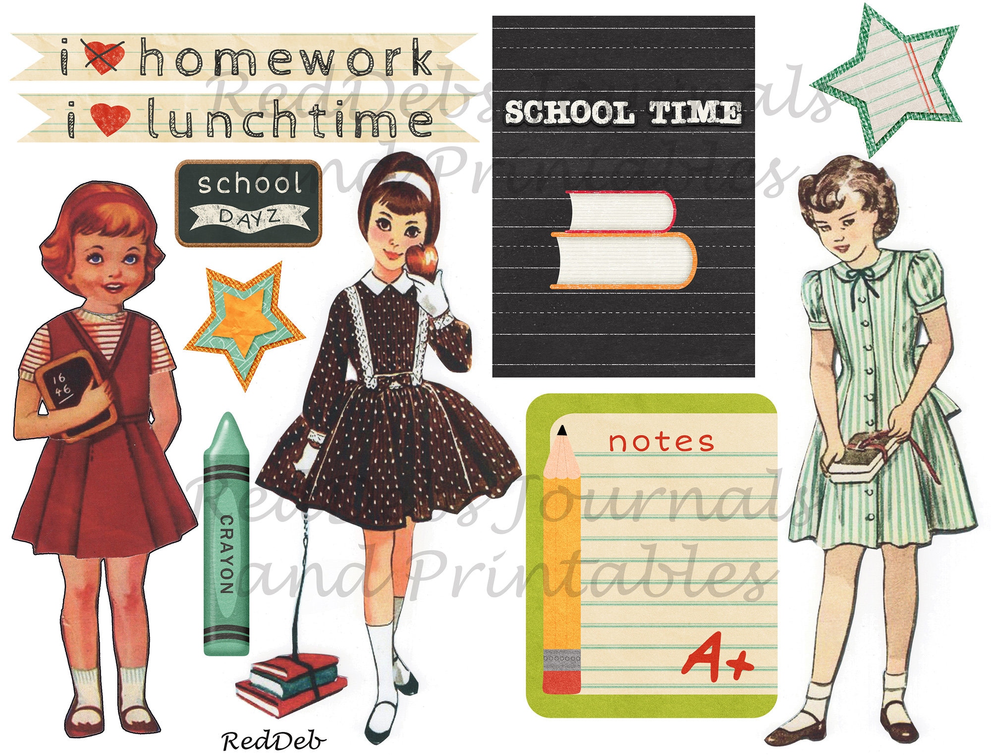 Retro Back to School Scrapbook Clip Art Kit, Junk Journal Kit, Digital