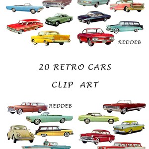 May include: A collection of 20 vintage car clip art images. The cars are in various colors, including red, blue, green, yellow, and black. The cars are all in a retro style, with rounded edges and chrome accents. The image is perfect for use in scrapbooking, card making, and other craft projects.