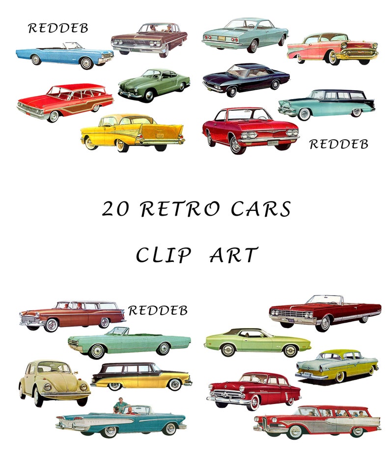 May include: A collection of 20 vintage car clip art images. The cars are in various colors, including red, blue, green, yellow, and black. The cars are all in a retro style, with rounded edges and chrome accents. The image is perfect for use in scrapbooking, card making, and other craft projects.