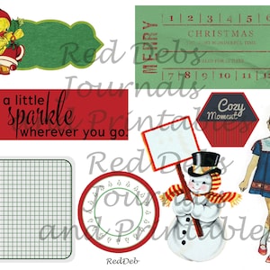 Puede incluir: Un conjunto de im&aacute;genes imprimibles de tem&aacute;tica navide&ntilde;a vintage. Las im&aacute;genes incluyen un pollito amarillo con un gorro rojo, una pancarta verde, una pancarta roja con el texto "leave a little sparkle wherever you go.", un bast&oacute;n de caramelo verde y rojo, un mu&ntilde;eco de nieve sosteniendo un cartel en blanco, una ni&ntilde;a con un vestido azul, un billete verde y rojo con el texto "Merry Christmas The Most Wonderful Time Valid for 12 Days", y un hex&aacute;gono rojo con el texto "Cozy Moment".