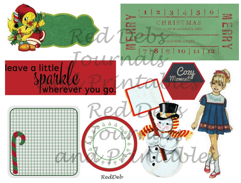 Puede incluir: Un conjunto de im&aacute;genes imprimibles de tem&aacute;tica navide&ntilde;a vintage. Las im&aacute;genes incluyen un pollito amarillo con un gorro rojo, una pancarta verde, una pancarta roja con el texto "leave a little sparkle wherever you go.", un bast&oacute;n de caramelo verde y rojo, un mu&ntilde;eco de nieve sosteniendo un cartel en blanco, una ni&ntilde;a con un vestido azul, un billete verde y rojo con el texto "Merry Christmas The Most Wonderful Time Valid for 12 Days", y un hex&aacute;gono rojo con el texto "Cozy Moment".