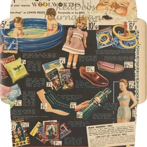 May include: A vintage Woolworth's advert showcasing a range of Christmas gifts and toys. The ad features a Santa Claus illustration, a doll, a paddling pool, a book, a pair of socks, a pair of shoes, a bottle of hairspray, a bra and underwear, and a ring toss game. The advert also includes the text "Step into Christmasland at your nearest Woolworth's."