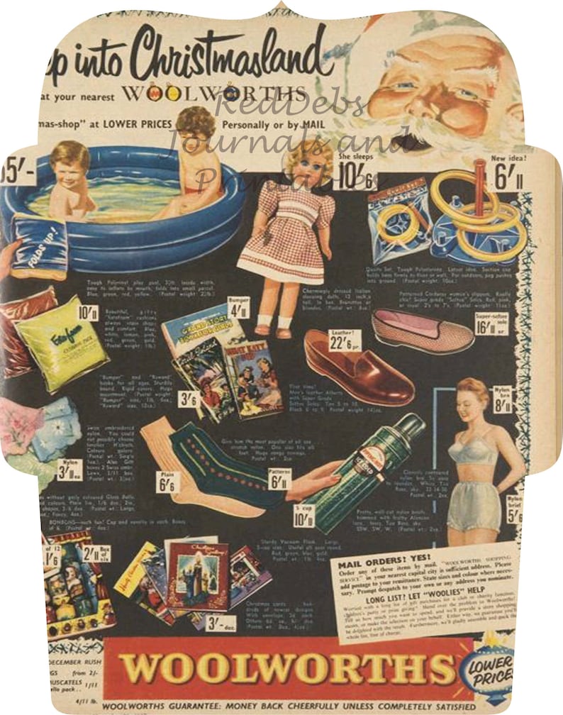 May include: A vintage Woolworth's advert showcasing a range of Christmas gifts and toys. The ad features a Santa Claus illustration, a doll, a paddling pool, a book, a pair of socks, a pair of shoes, a bottle of hairspray, a bra and underwear, and a ring toss game. The advert also includes the text "Step into Christmasland at your nearest Woolworth's."