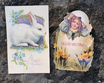 Dos tarjetas de Pascua antiguas, álbum de recortes, diario de recuerdos, efímeros