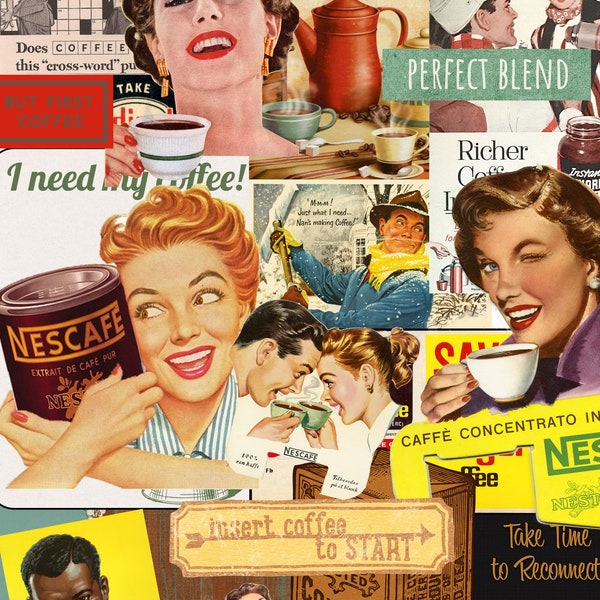 Imágenes prediseñadas de café, kit de diario basura, imprimibles de planificador, álbumes de recortes, hojas de collage, kit de libro smash, descarga instantánea, imagen de café vintage