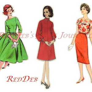 May include: Three vintage illustrations of women wearing different dresses. The woman on the left is wearing a green dress with a white collar and a white belt. The woman in the middle is wearing a red dress with a white collar and white cuffs. The woman on the right is wearing a red skirt and a floral print top with a white collar.
