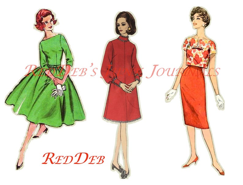 May include: Three vintage illustrations of women wearing different dresses. The woman on the left is wearing a green dress with a white collar and a white belt. The woman in the middle is wearing a red dress with a white collar and white cuffs. The woman on the right is wearing a red skirt and a floral print top with a white collar.