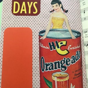 May include: A vintage illustration of a can of orange soda with the words "Vitamin HE Enriched Orangeade" printed on the can. A woman in a yellow dress is sitting on top of the can. The background is a pink and white polka dot pattern.