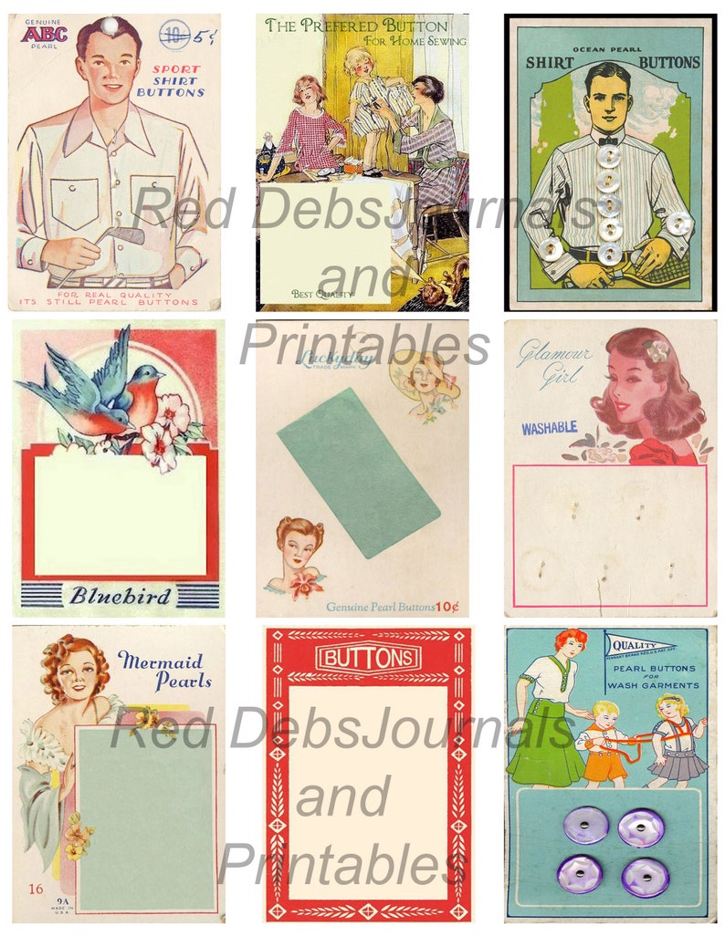 May include: A collage of vintage advertisements for pearl buttons. The ads feature images of people wearing shirts and dresses, as well as close-ups of the buttons themselves. The text on the ads includes phrases like "Genuine Pearl Buttons", "Sport Shirt Buttons", and "Ocean Pearl Shirt Buttons".