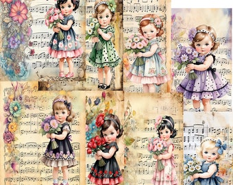 Girl Clip Art Journal Cards, Music Floral Backgrounds (PDF, JPEG, PNG)